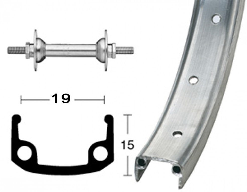 r.ant. 16" 305-19 aluminio. 20 agujeros, color plata. Buje de acero, radios de zinc.