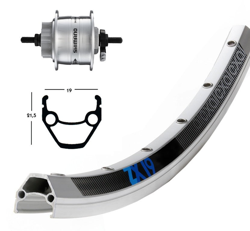 Vorderrad 28x1,75, Dynamo DH3D30 36f ZX 19, silber, Edelstahl, 6-Loch, Scheibenspeichen NT