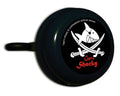 Schwarze Fahrradklingel „Fashion Captn Sharky“ mit Motiv, Ø 55 mm, auf Karton