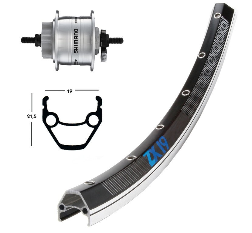 Ruota ant 28x1.75 dinamo DH3D30 36f ZX 19 nero/arg inox-raggi Disc 6 fori NT