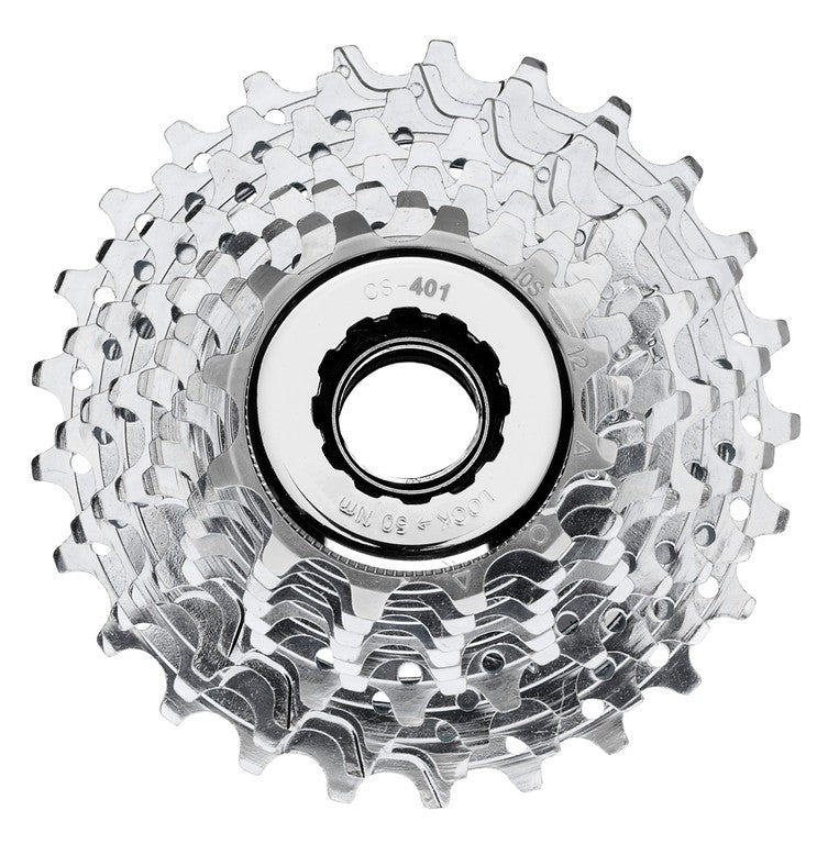 Veloce 10-Gang-Ritzelsatz, 12-23 Zähne, silber, mit geschlossenem Kettenblatt.
