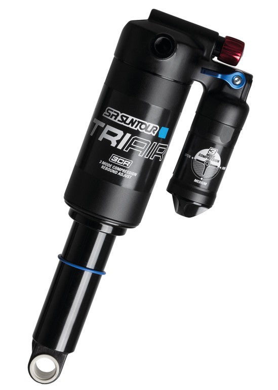 Amortisiert. SR Suntour RS18 TRIAIR 3CR schwarz, 185 x 50 mm, Trunnion-Aufnahme