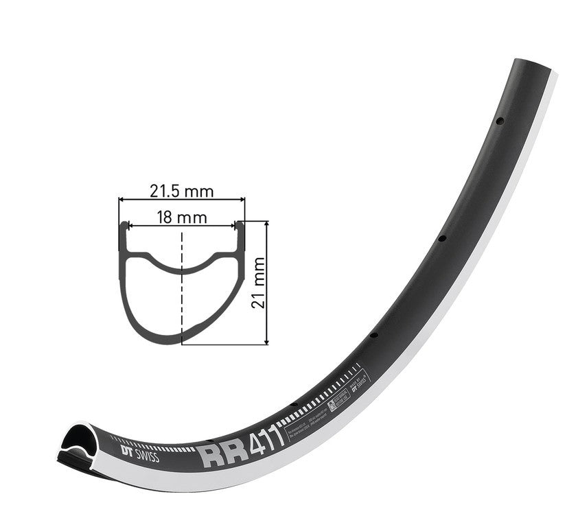 DT Swiss RR 411 asymmetrische Felge 28", schwarz, 28 Loch, 622-18, LV 6,5 mm