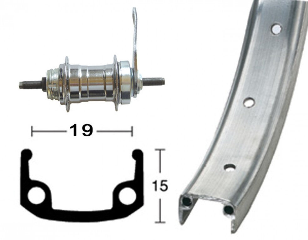 Rueda trasera de 16" 305-19, 20 agujeros, color plata, buje con freno de contrapedal, radios de zinc